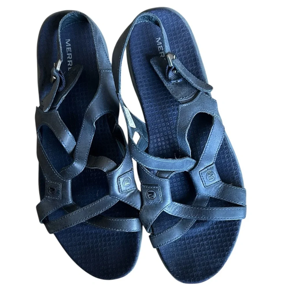 MERRELL Agave Navy Leather Slingback Sandals Sz 10 Strappy Comfort Boho Coastal - Picture 11 of 12